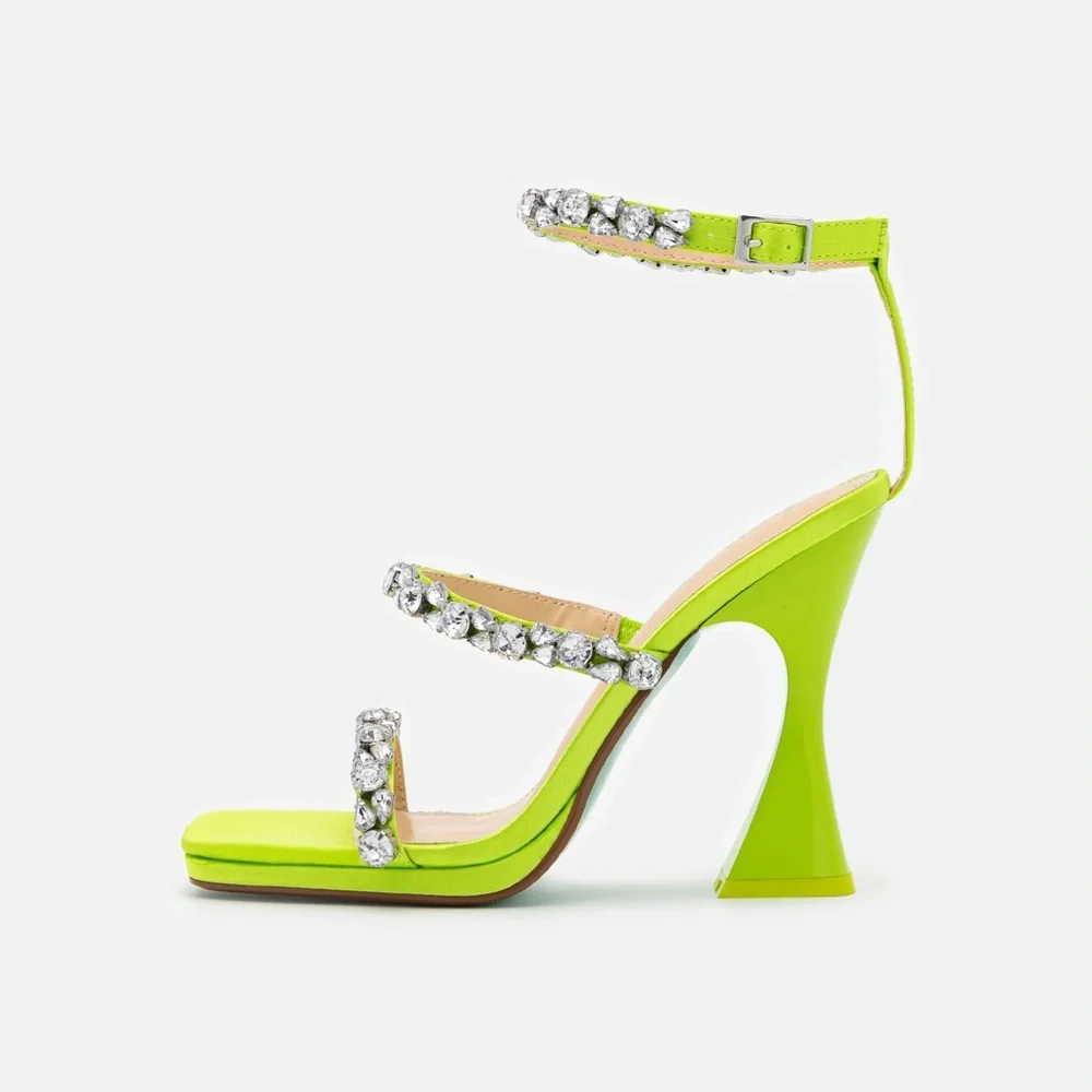 Betsey Johnson SB-Perry Citron Rhinestone Lime Green Buckle Strap Flare Heels - Picture 5 of 10